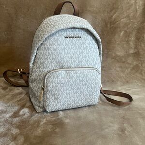Michael Kors Light Gray MK Monogram Mini Backpack with Brown Trim